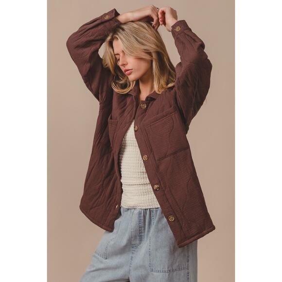 BiBi Quilted Wrinkle Gauze Long Sleeves Chest Pockets Oversized Shacket | Mocha - Picture 5 of 6